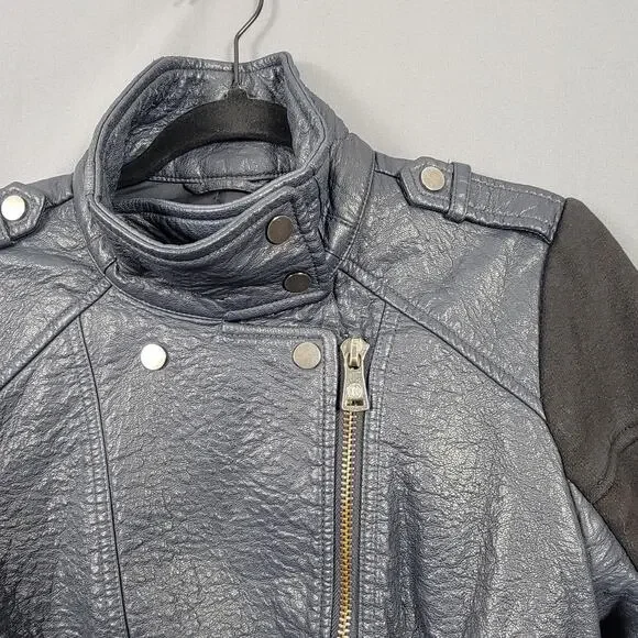 Bernardo Faux Leather Moto Biker Jacket Gray Asym Zip Buckle Hardware - Picture 4 of 10